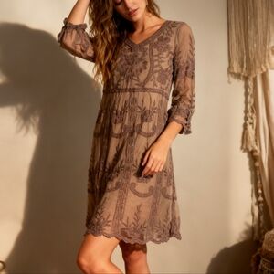 Orange Creek Taupe Embroidered Midi Dress M/L Boho Cottagecore Long Sleeve